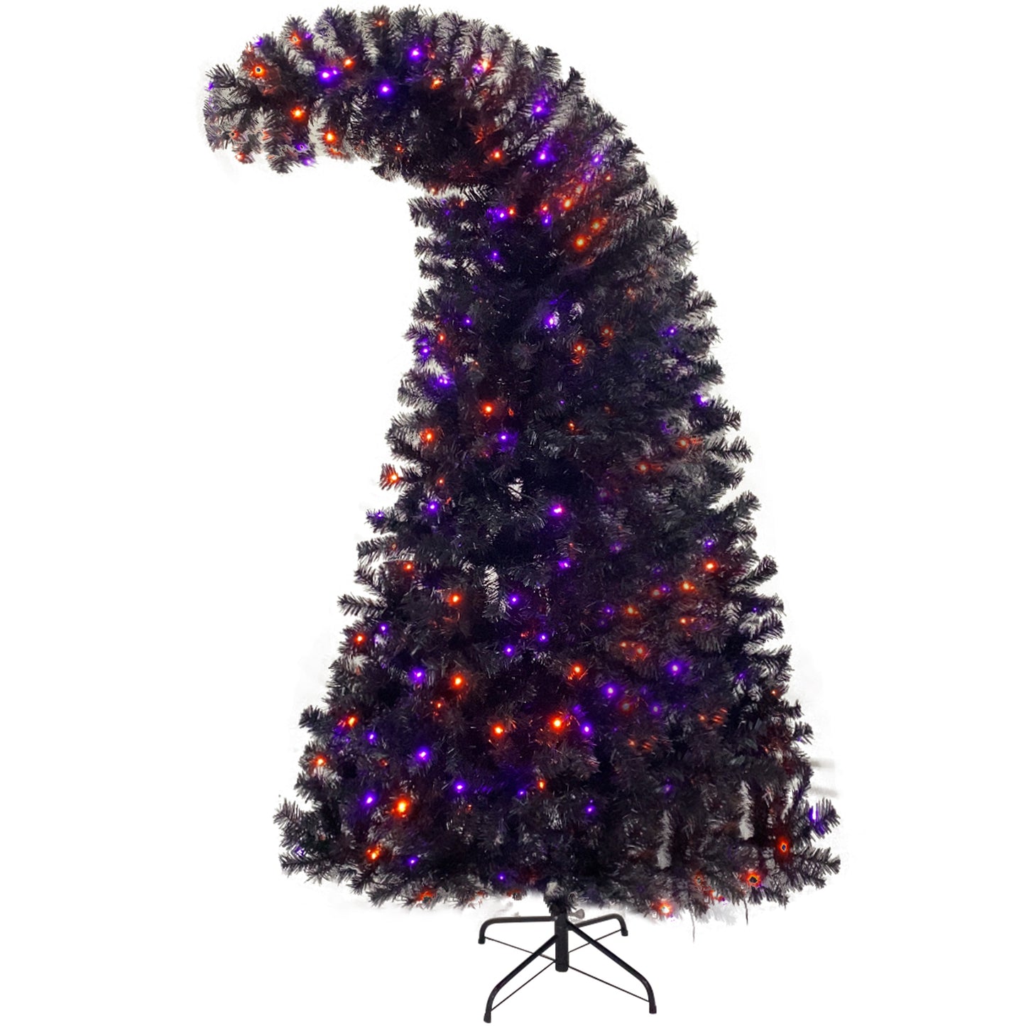 6FT artificial fir curved top Halloween tree, with 1080 lush branch tips and 300 LED lights in a Christmas and Halloween style