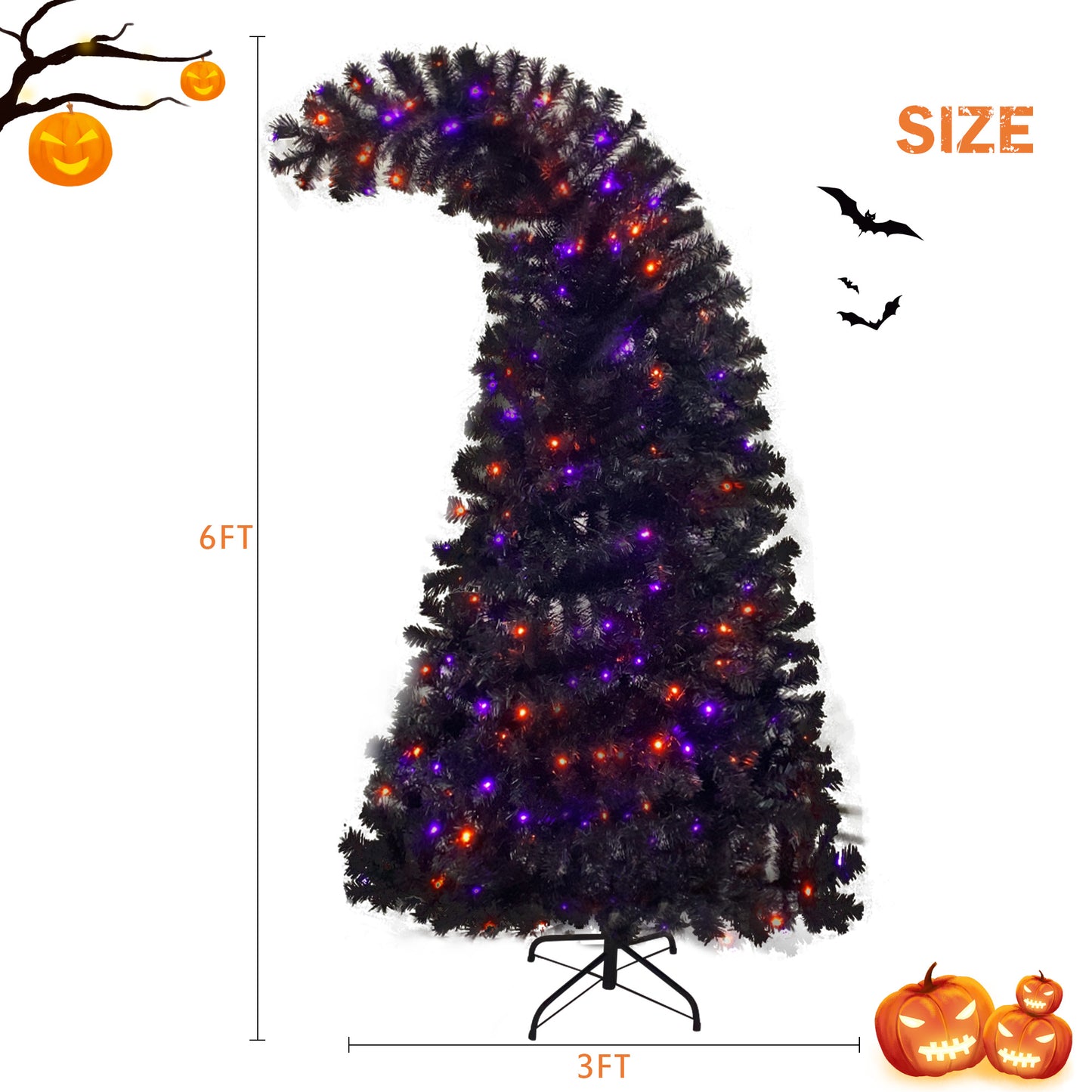 6FT artificial fir curved top Halloween tree, with 1080 lush branch tips and 300 LED lights in a Christmas and Halloween style