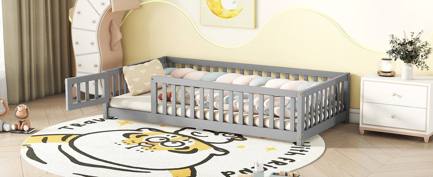 Twin Size Bed Floor Bed with Safety Guardrails and Door for Kids, Gray