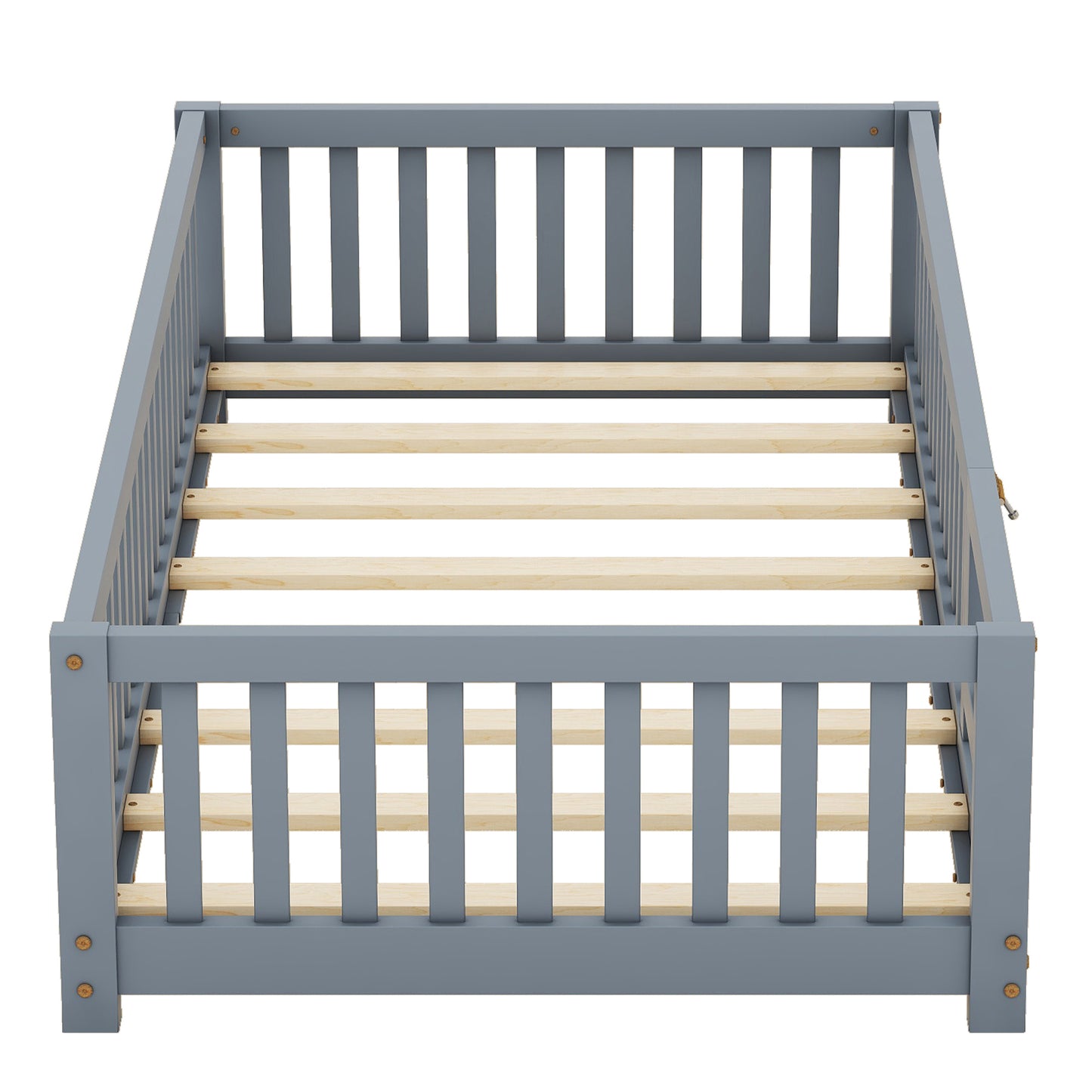 Twin Size Bed Floor Bed with Safety Guardrails and Door for Kids, Gray