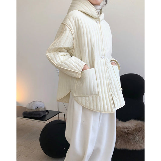 Japanese style lazy silhouette quilted hooded cotton jacket loose and slimming casual warm thick coat for women