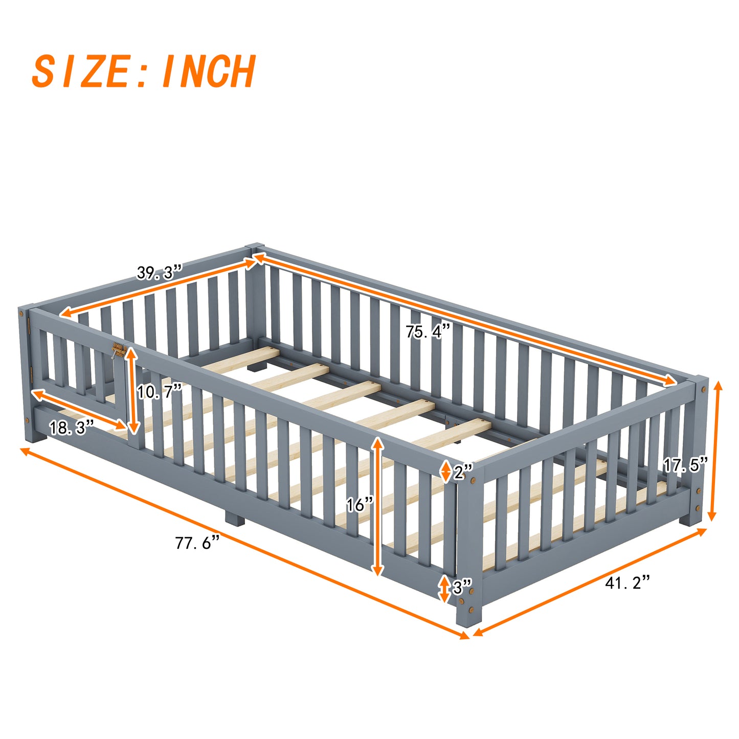 Twin Size Bed Floor Bed with Safety Guardrails and Door for Kids, Gray